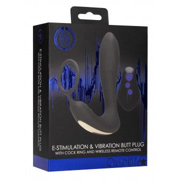 E-Stimulation and Vibration Butt Plug With Cock Ring and Wireless Remote Control - Black